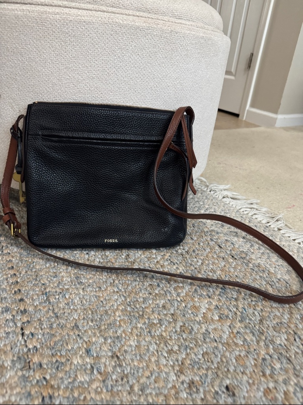 Fossil Black Pebbled Leather Crossbody with Brown Strap and Gold Hardware